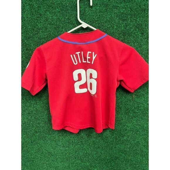 Y2K Youth Philadelphia Phillies Chase Utley Red Button Up Majestic Jersey Sz 7 - Picture 4 of 7